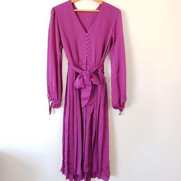 Vintage Pleated Fuchsia Pink Accordion Long Sleeve Flowy Belted Midi Dress Med - Picture 1 of 9